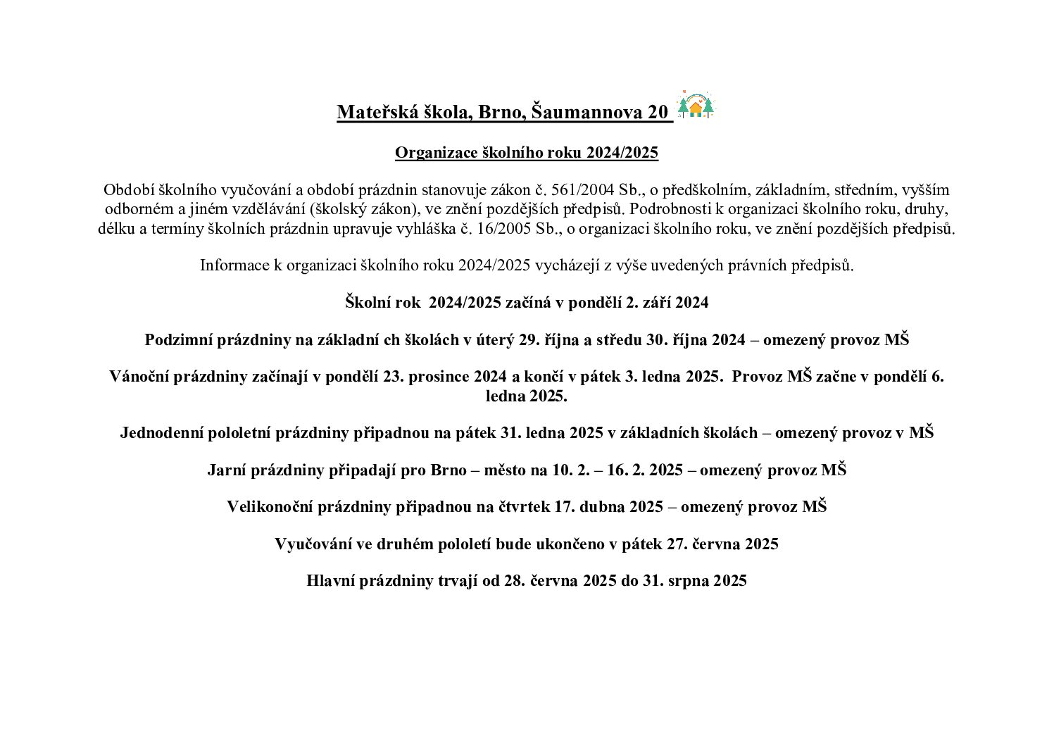 Organizace školního roku 2024/2025